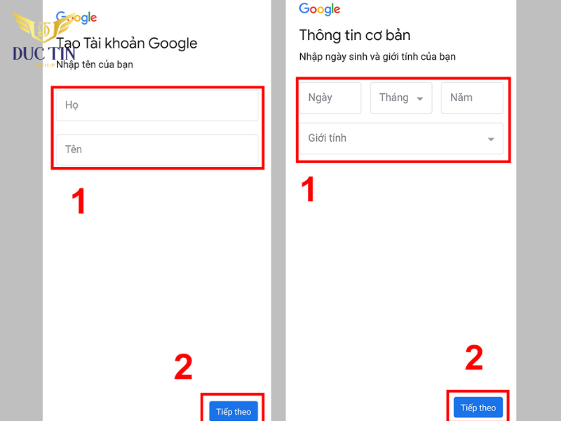 Điền đầy đủ thông tin bạn muốn tạo tài khoản Gmail